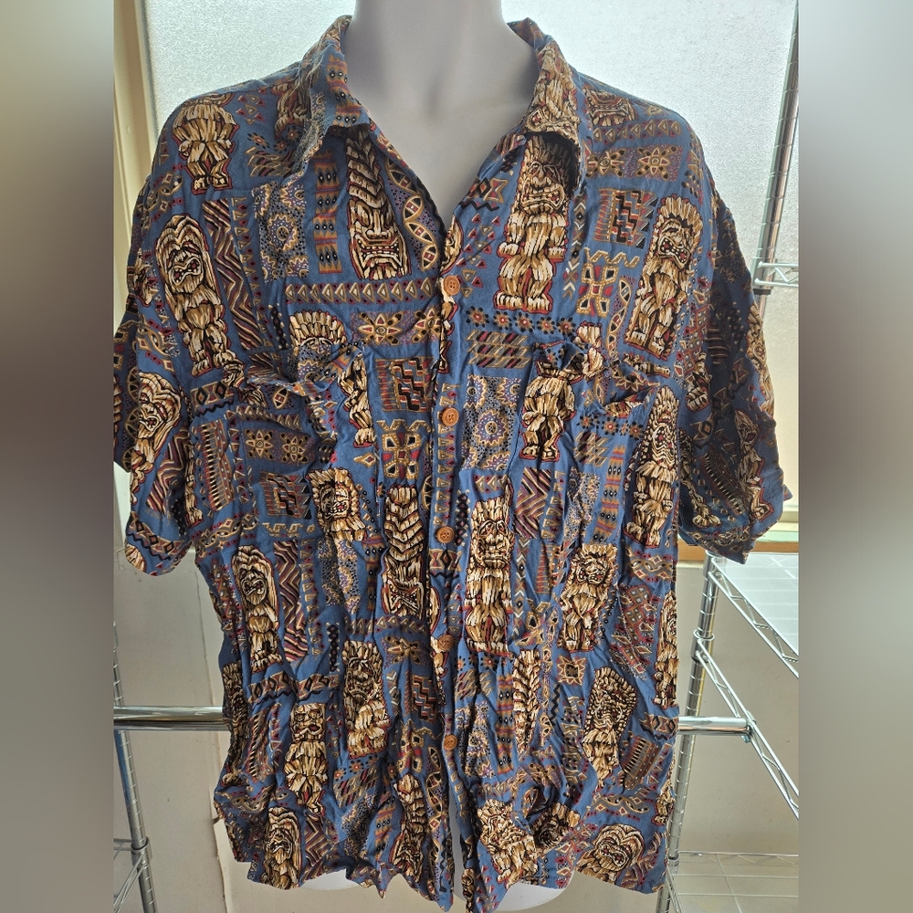 Tribal Pattern Button-Up Shirt Reyn Spooner Art Of Eddy Y Vintage Blue Brown